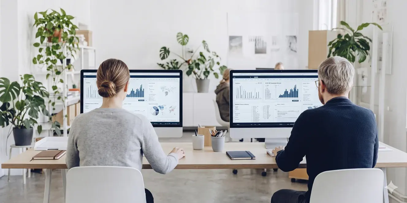 The Multiply team gathered around a workstation
