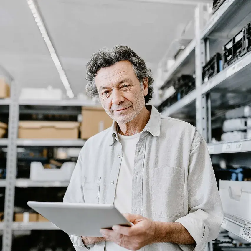 A marketplace seller with a tablet in their warehouse